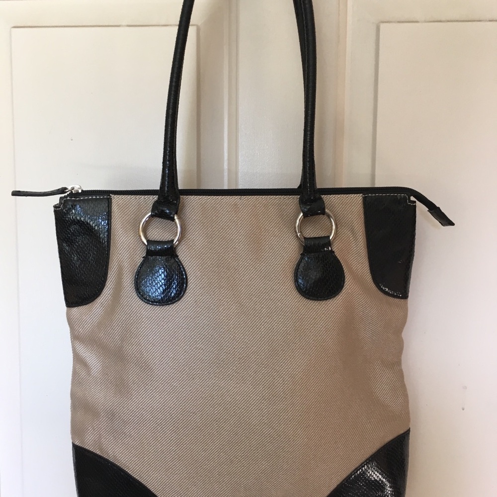 Ann Taylor Hand Bag Purse, Black & Shimmery Beige